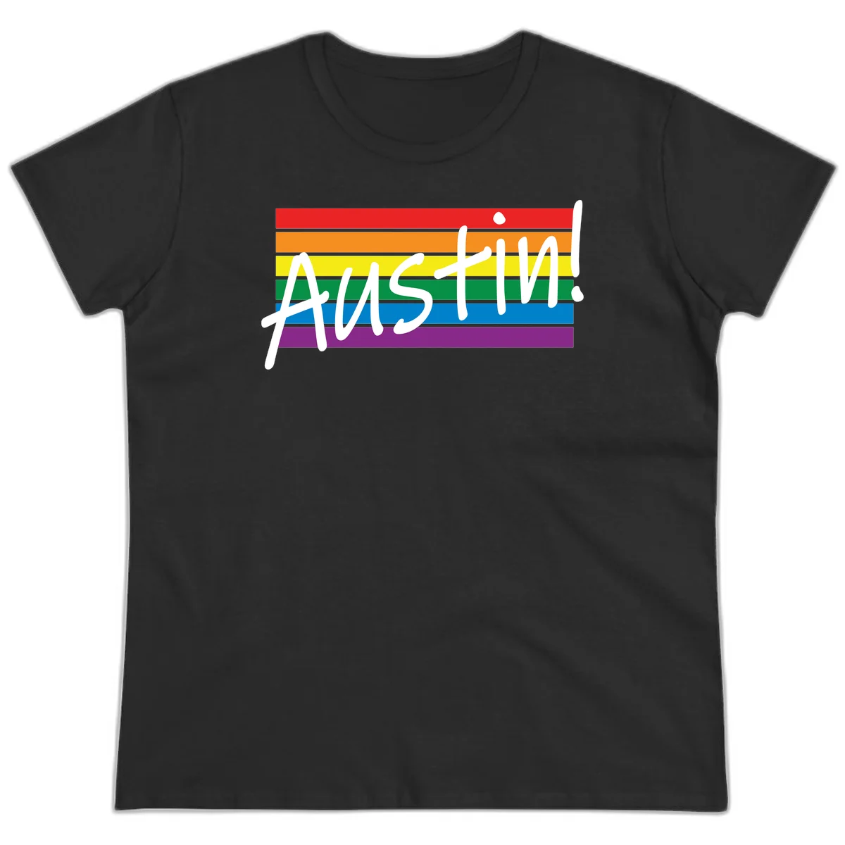 Austin pride rainbow flag design with white handwritten text overlaid on six horizontal rainbow stripes in Black