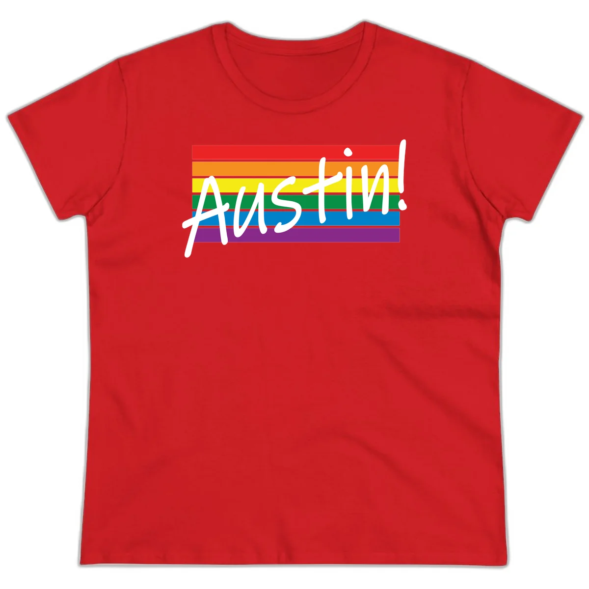 Austin pride rainbow flag design with white handwritten text overlaid on six horizontal rainbow stripes in Red