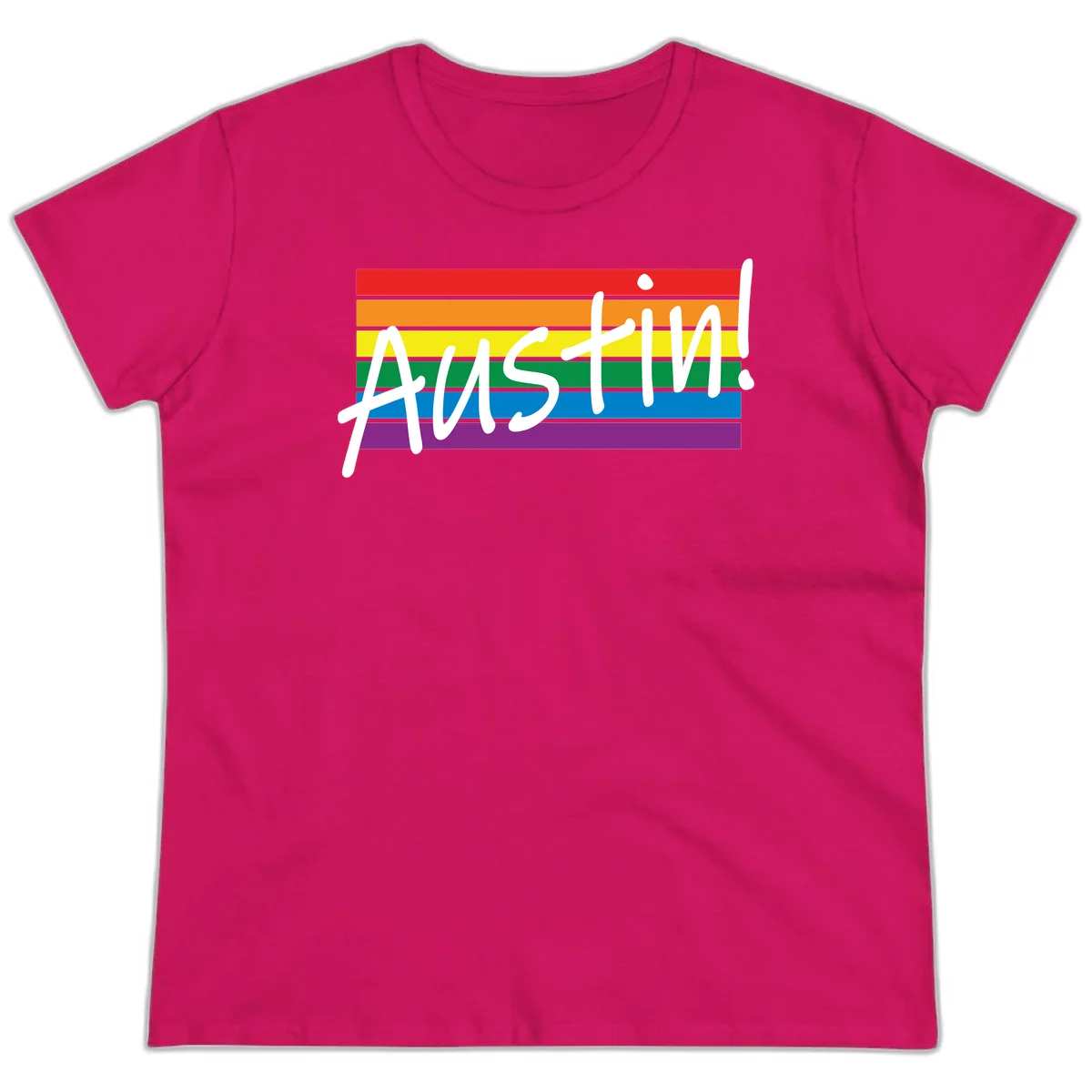 Austin pride rainbow flag design with white handwritten text overlaid on six horizontal rainbow stripes in Heliconia