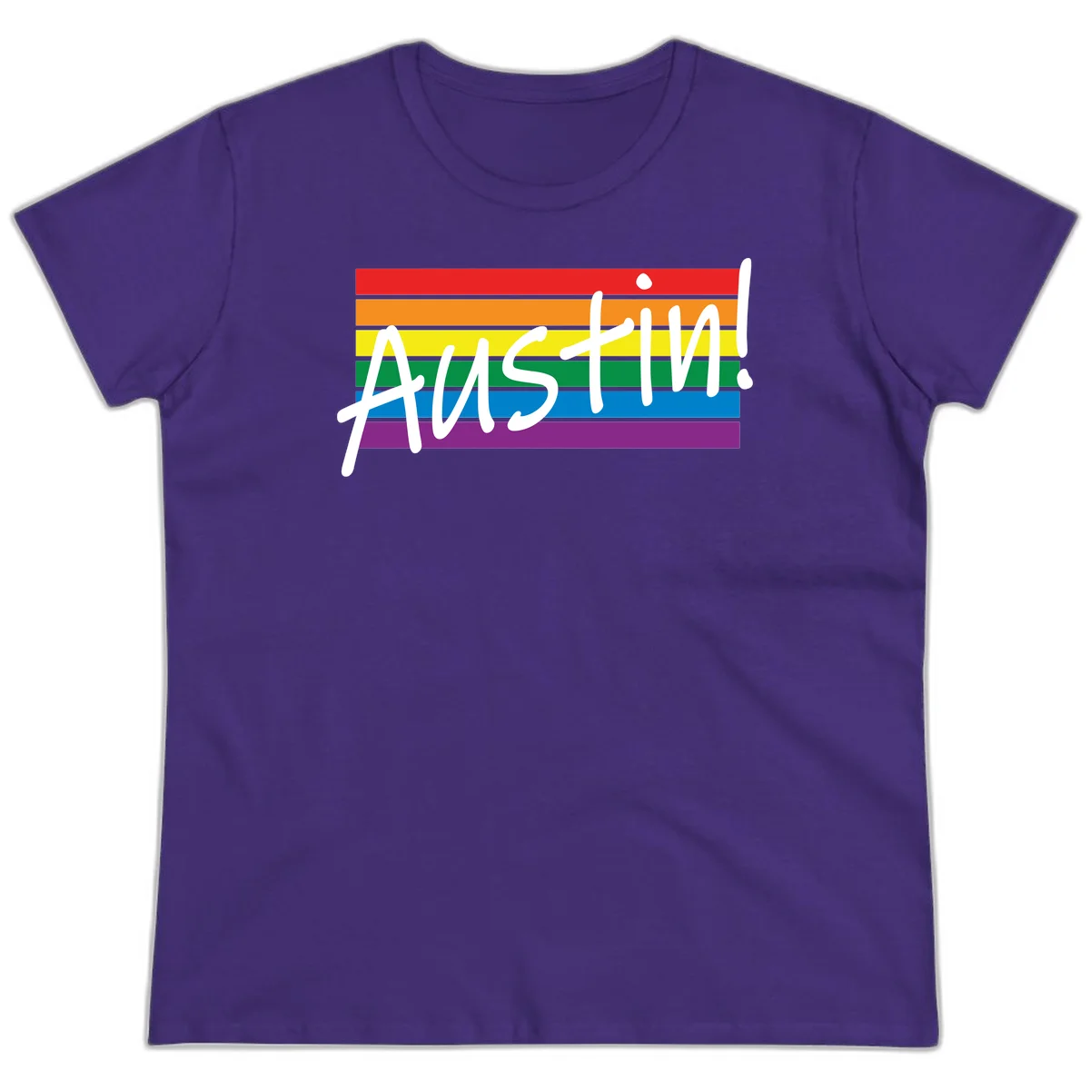Austin pride rainbow flag design with white handwritten text overlaid on six horizontal rainbow stripes in Purple