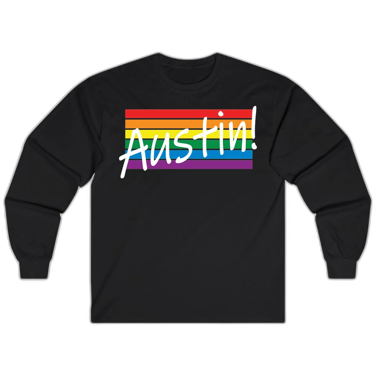 Austin pride rainbow flag design with white handwritten text overlaid on six horizontal rainbow stripes in Black