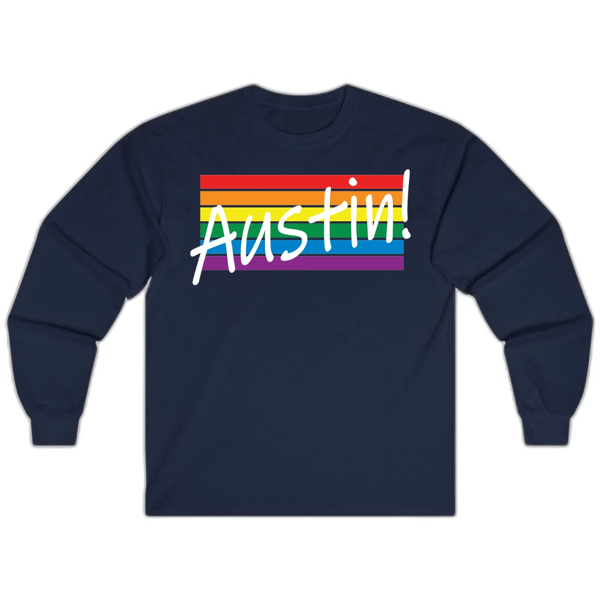 Austin pride rainbow flag design with white handwritten text overlaid on six horizontal rainbow stripes in Navy