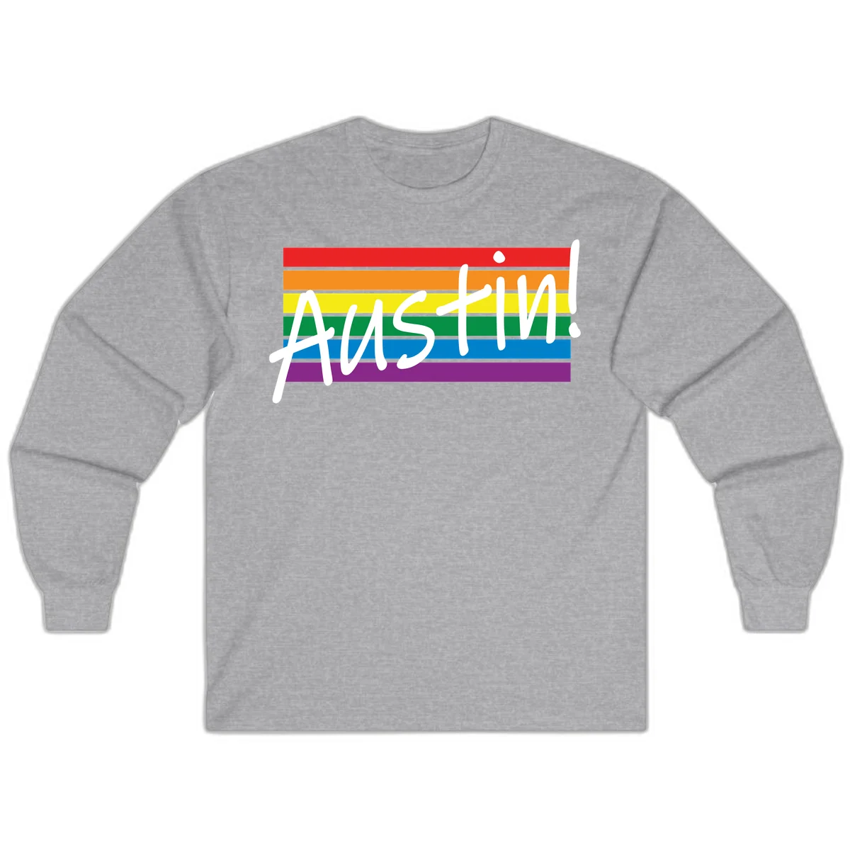 Austin pride rainbow flag design with white handwritten text overlaid on six horizontal rainbow stripes in Sport Grey