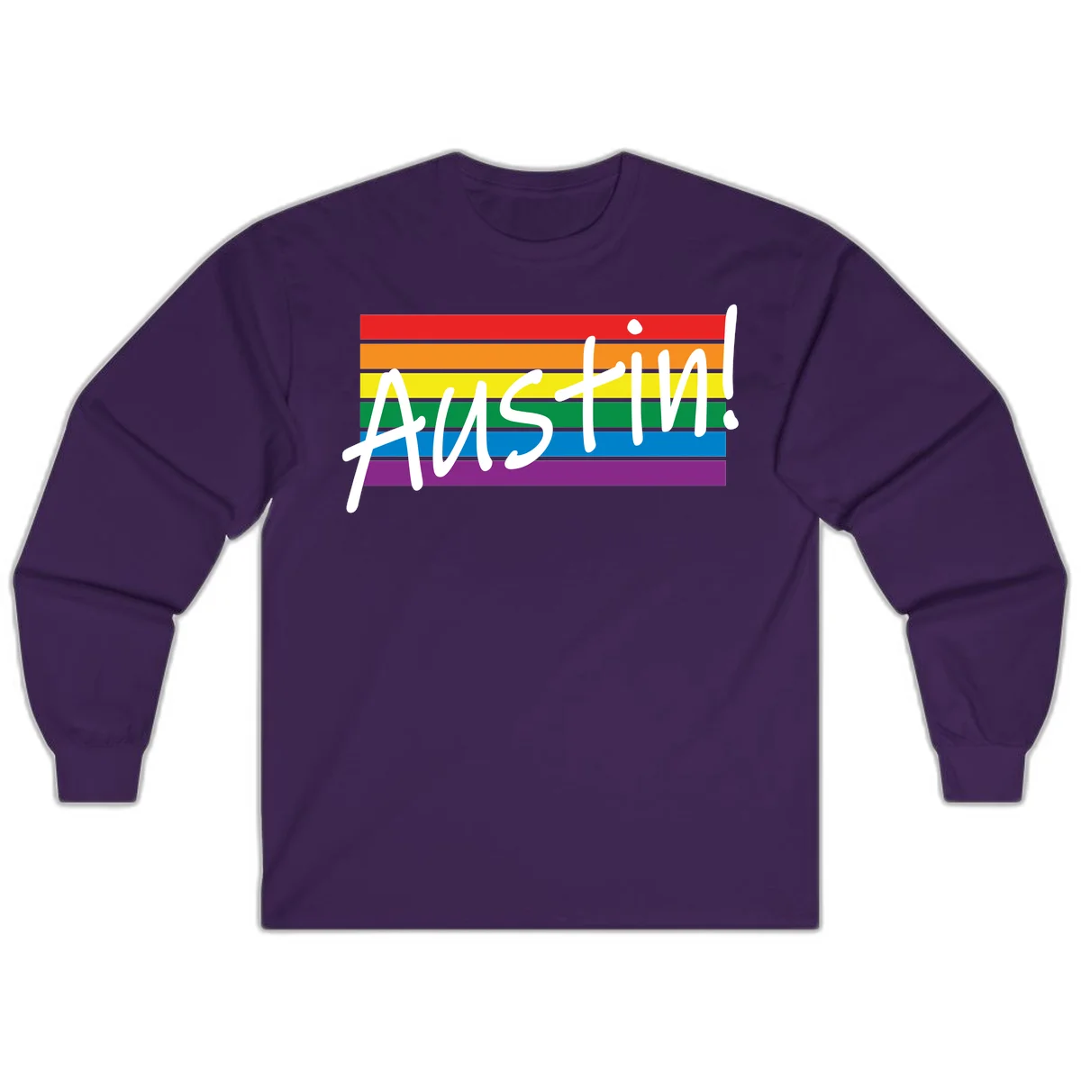 Austin pride rainbow flag design with white handwritten text overlaid on six horizontal rainbow stripes in Purple