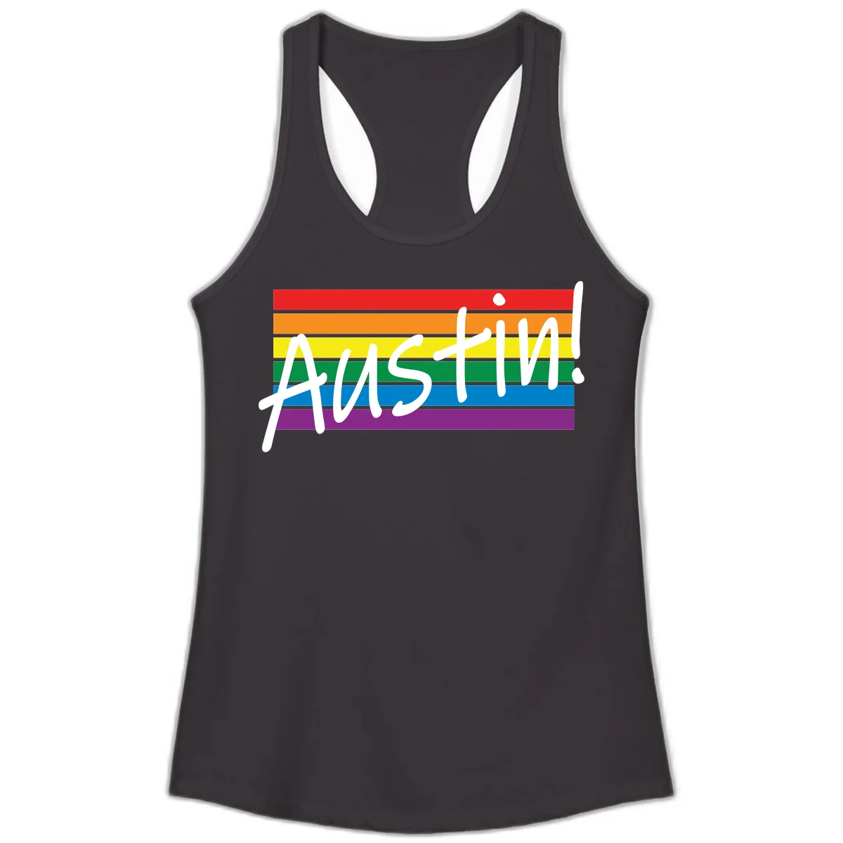 Austin pride rainbow flag design with white handwritten text overlaid on six horizontal rainbow stripes in Black