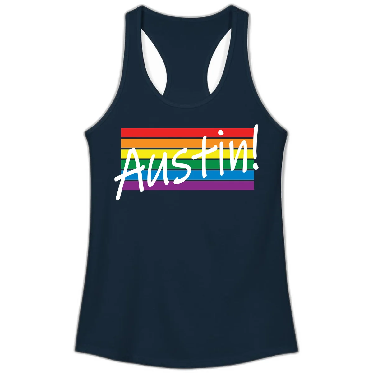 Austin pride rainbow flag design with white handwritten text overlaid on six horizontal rainbow stripes in Solid Midnight Navy
