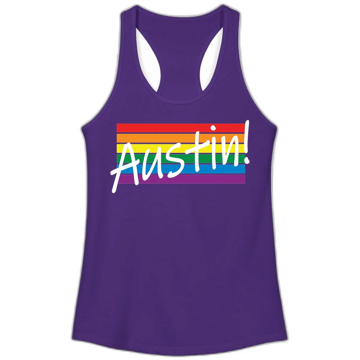 Austin pride rainbow flag design with white handwritten text overlaid on six horizontal rainbow stripes in Solid Purple Rush