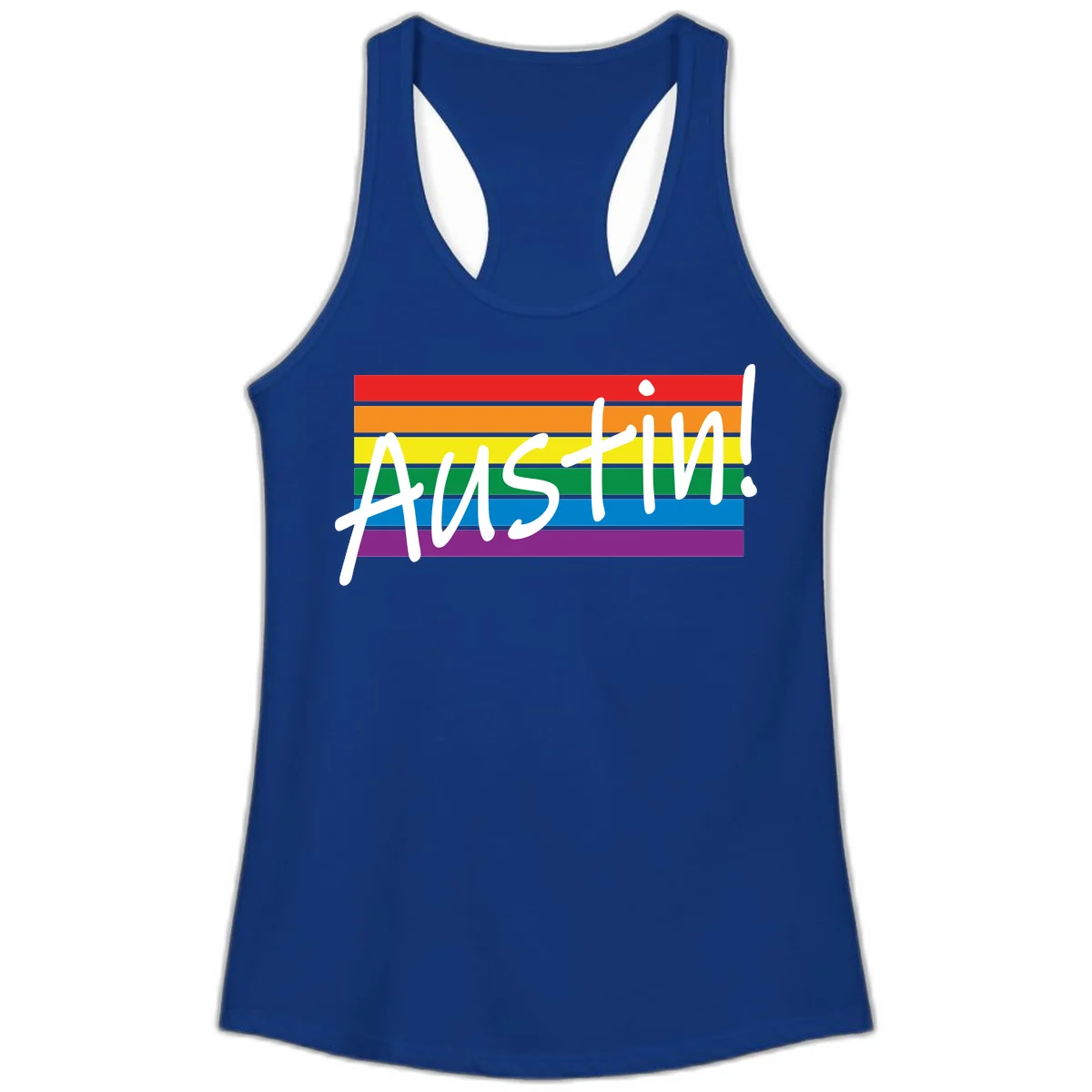 Austin pride rainbow flag design with white handwritten text overlaid on six horizontal rainbow stripes in Solid Royal