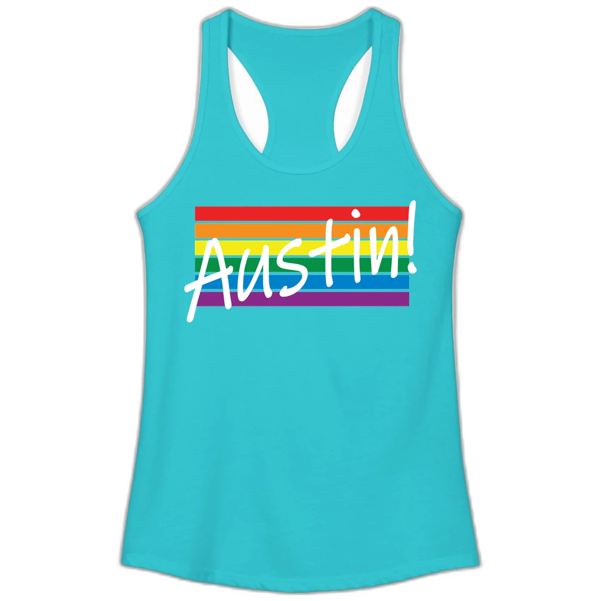 Austin pride rainbow flag design with white handwritten text overlaid on six horizontal rainbow stripes in Solid Tahiti Blue