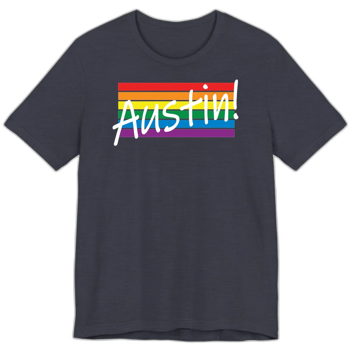 Austin pride rainbow flag design with white handwritten text overlaid on six horizontal rainbow stripes in Heather Midnight Navy