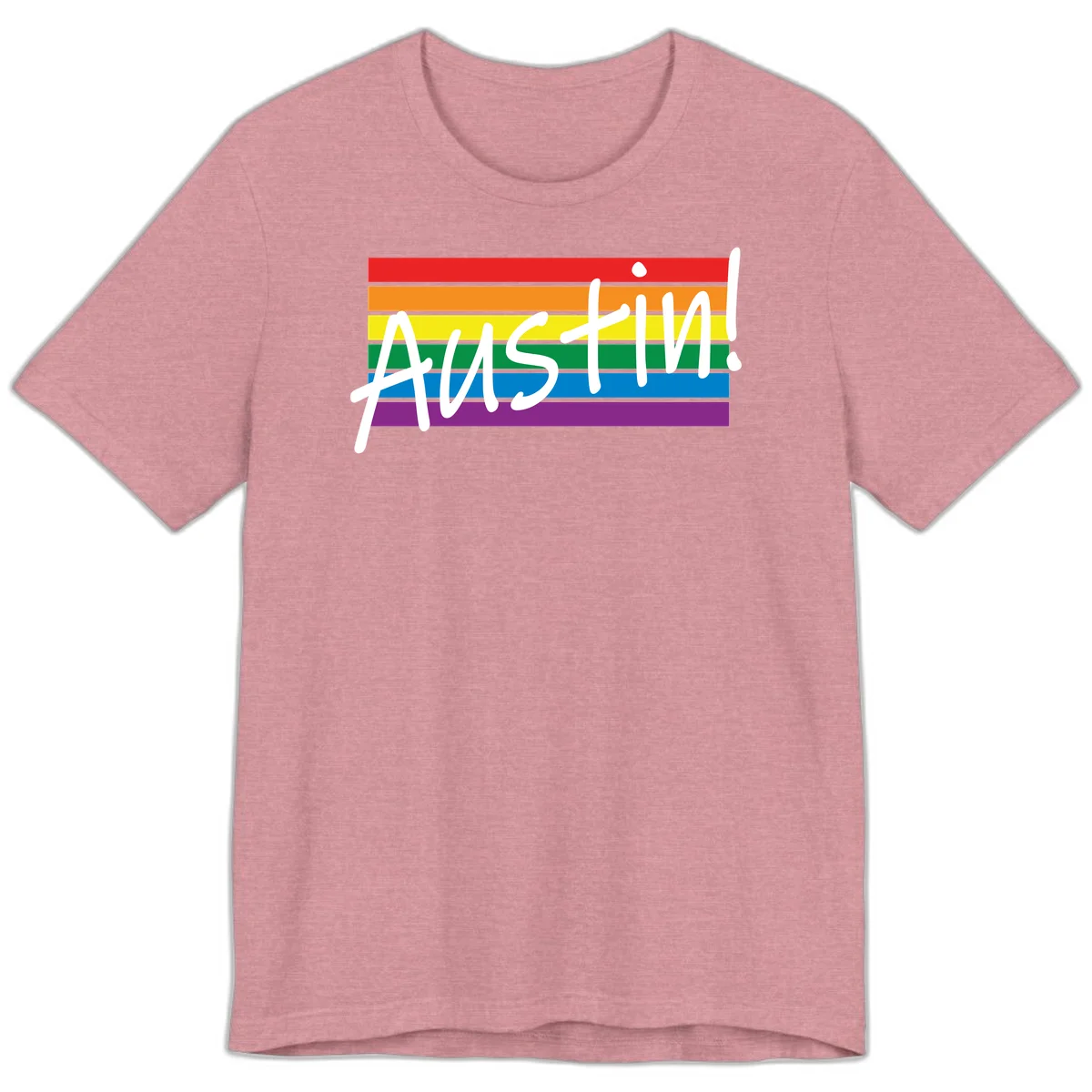 Austin pride rainbow flag design with white handwritten text overlaid on six horizontal rainbow stripes in Heather Orchid