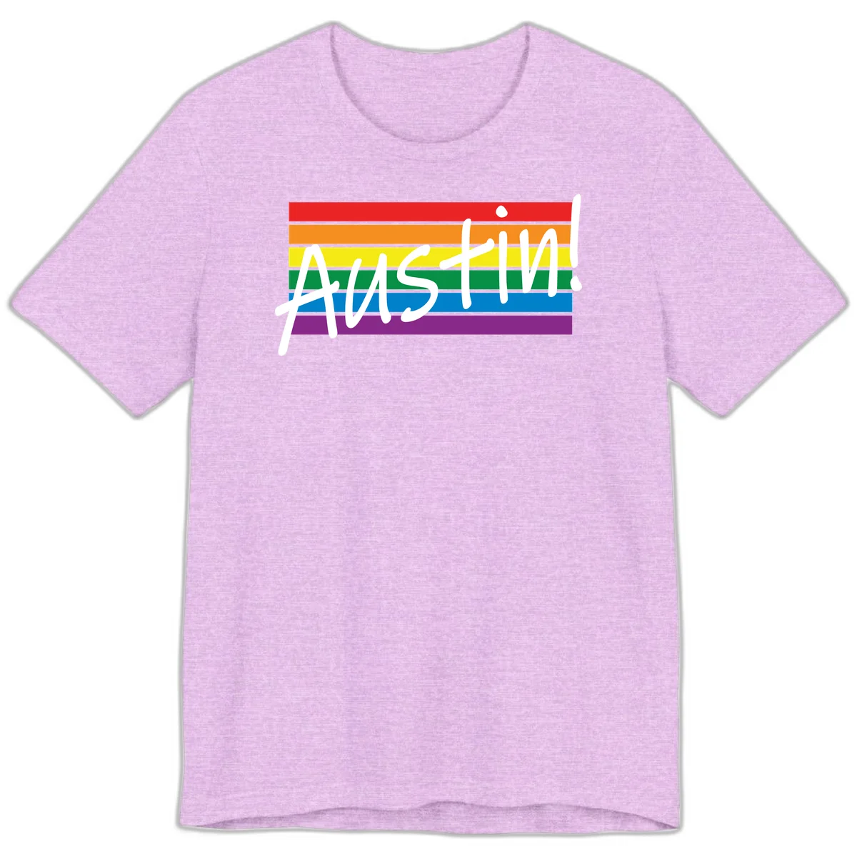 Austin pride rainbow flag design with white handwritten text overlaid on six horizontal rainbow stripes in Heather Prism Lilac