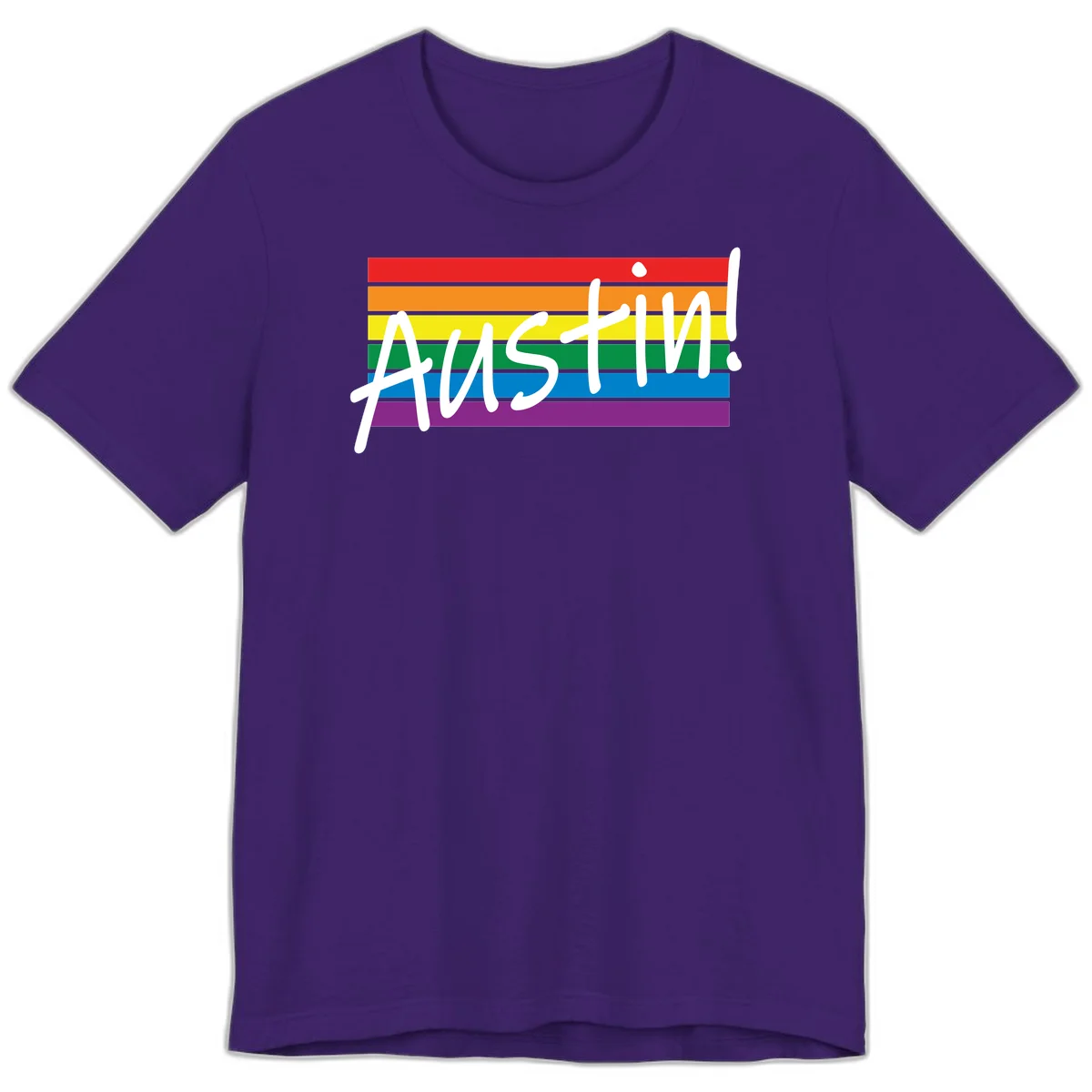 Austin pride rainbow flag design with white handwritten text overlaid on six horizontal rainbow stripes in Team Purple
