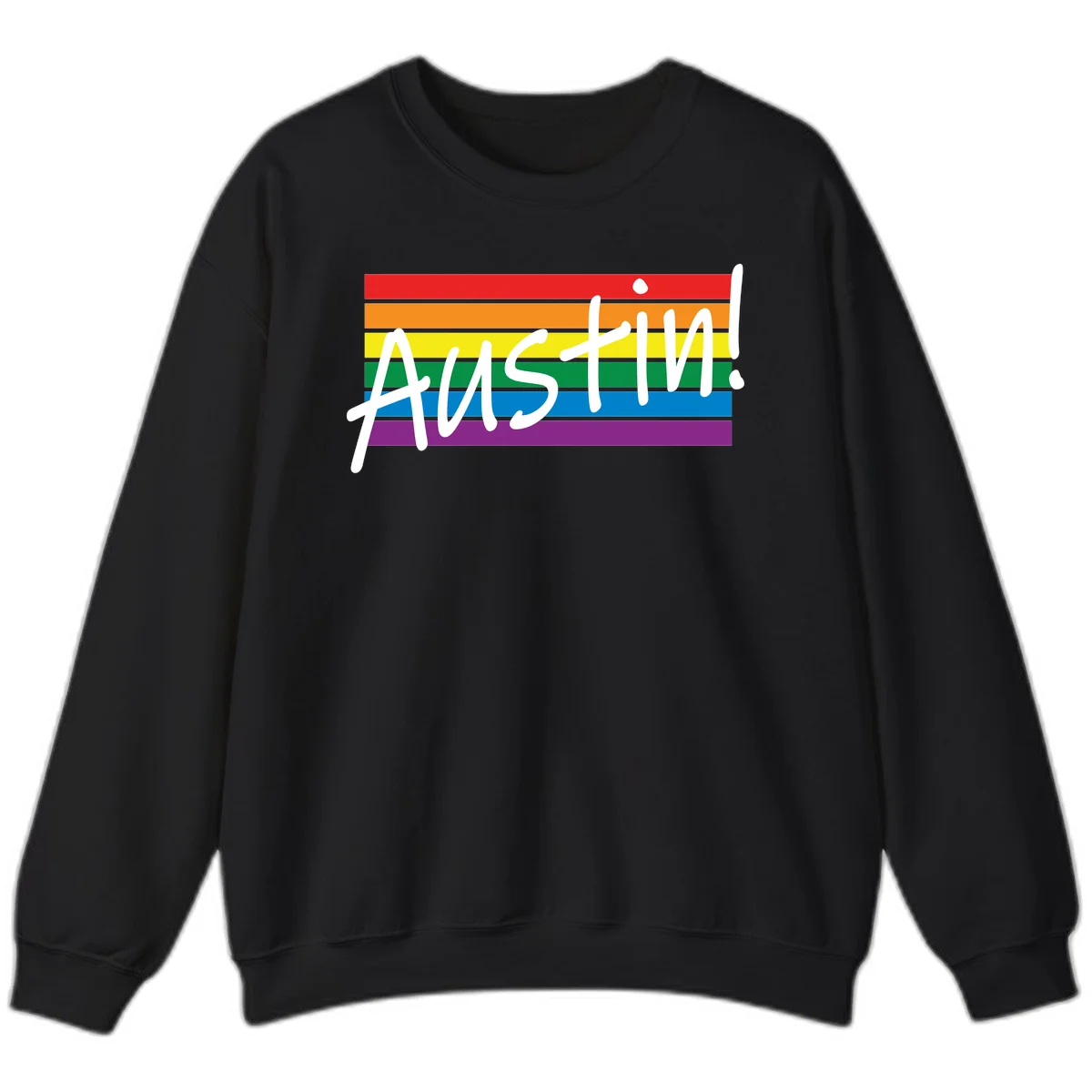 Austin pride rainbow flag design with white handwritten text overlaid on six horizontal rainbow stripes in Black