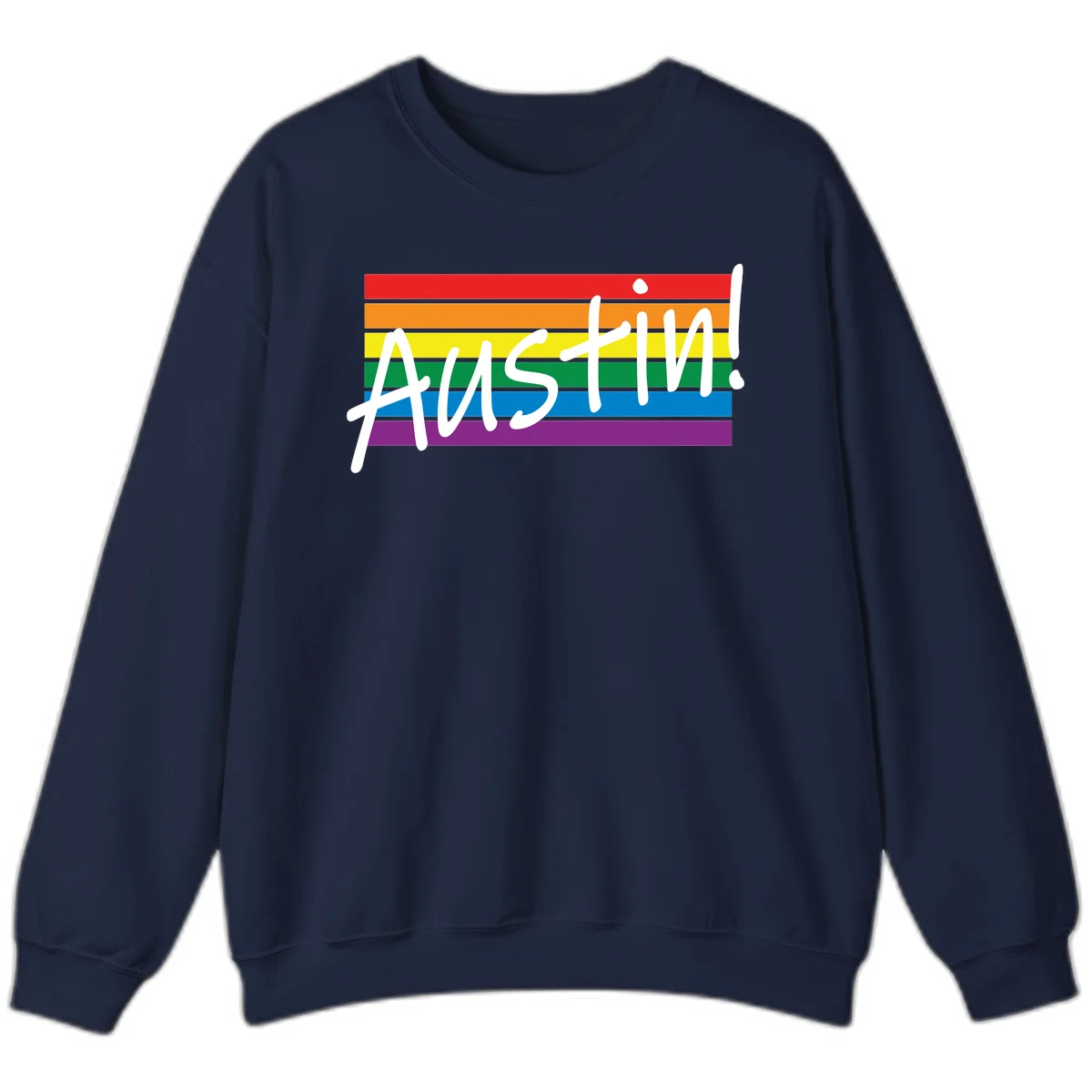 Austin pride rainbow flag design with white handwritten text overlaid on six horizontal rainbow stripes in Navy