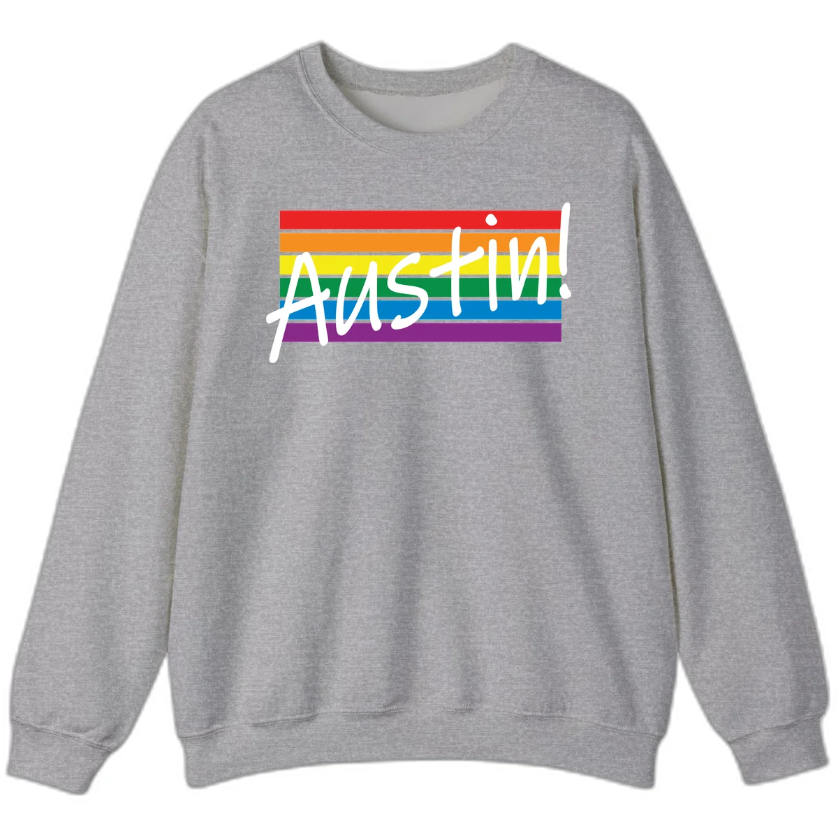 Austin pride rainbow flag design with white handwritten text overlaid on six horizontal rainbow stripes in Sport Grey