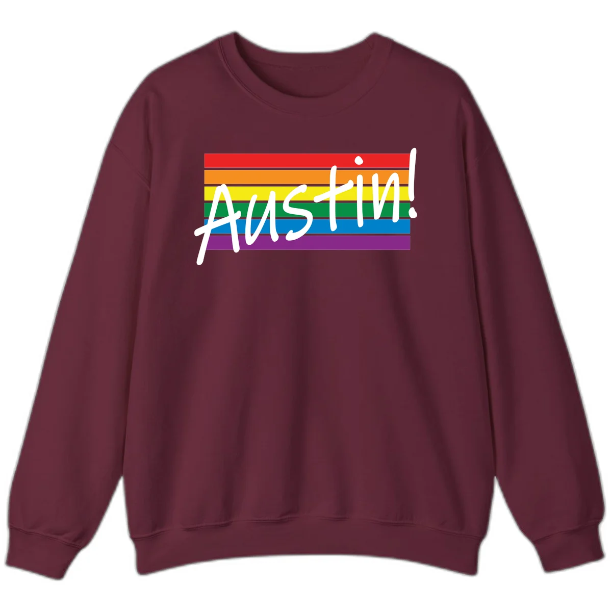 Austin pride rainbow flag design with white handwritten text overlaid on six horizontal rainbow stripes in Maroon