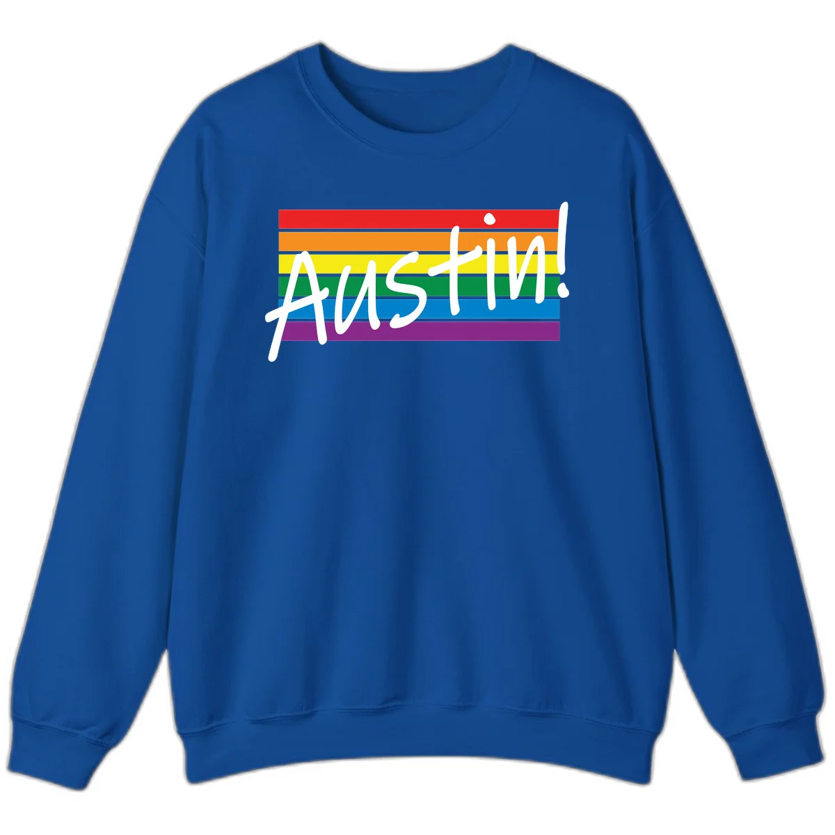 Austin pride rainbow flag design with white handwritten text overlaid on six horizontal rainbow stripes in Royal