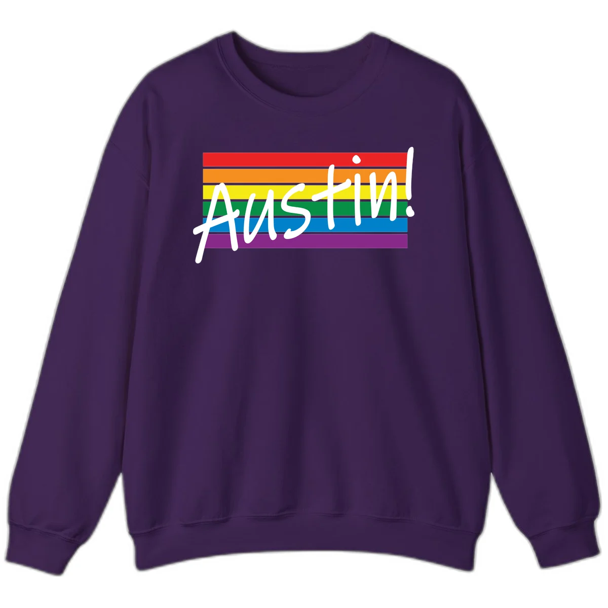 Austin pride rainbow flag design with white handwritten text overlaid on six horizontal rainbow stripes in Purple
