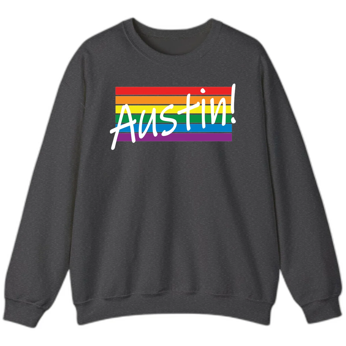 Austin pride rainbow flag design with white handwritten text overlaid on six horizontal rainbow stripes in Dark Heather