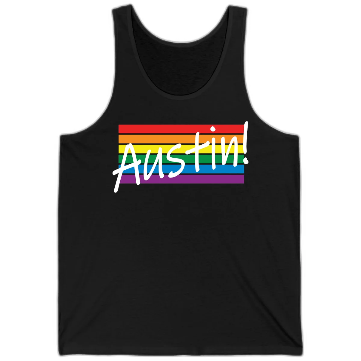 Austin pride rainbow flag design with white handwritten text overlaid on six horizontal rainbow stripes in Black