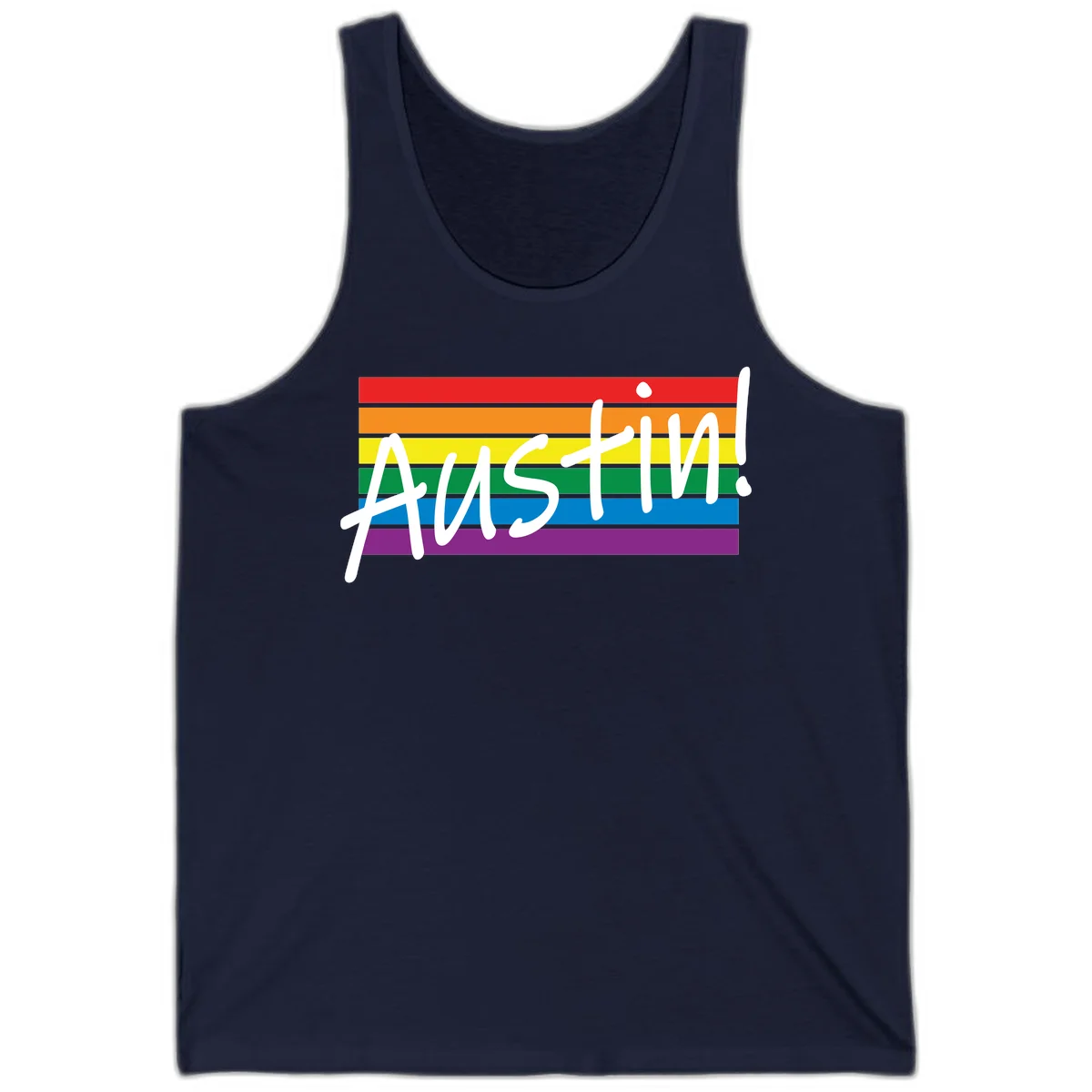 Austin pride rainbow flag design with white handwritten text overlaid on six horizontal rainbow stripes in Navy
