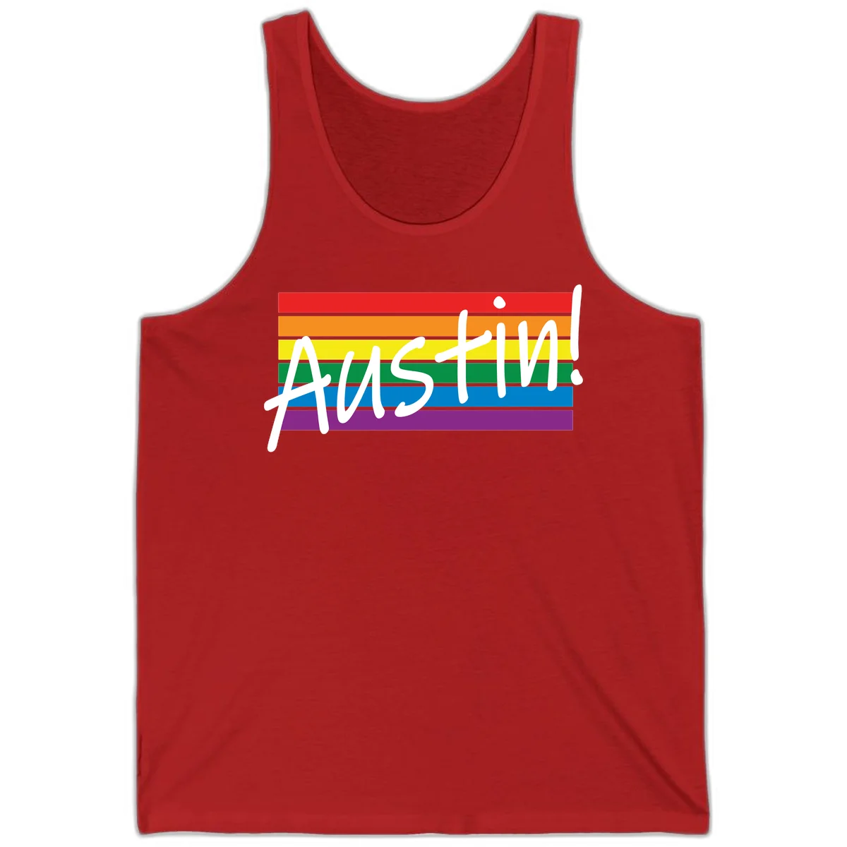 Austin pride rainbow flag design with white handwritten text overlaid on six horizontal rainbow stripes in Red