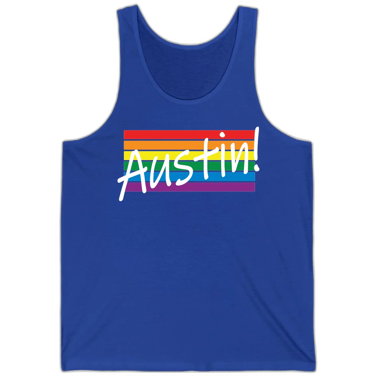 Austin pride rainbow flag design with white handwritten text overlaid on six horizontal rainbow stripes in True Royal