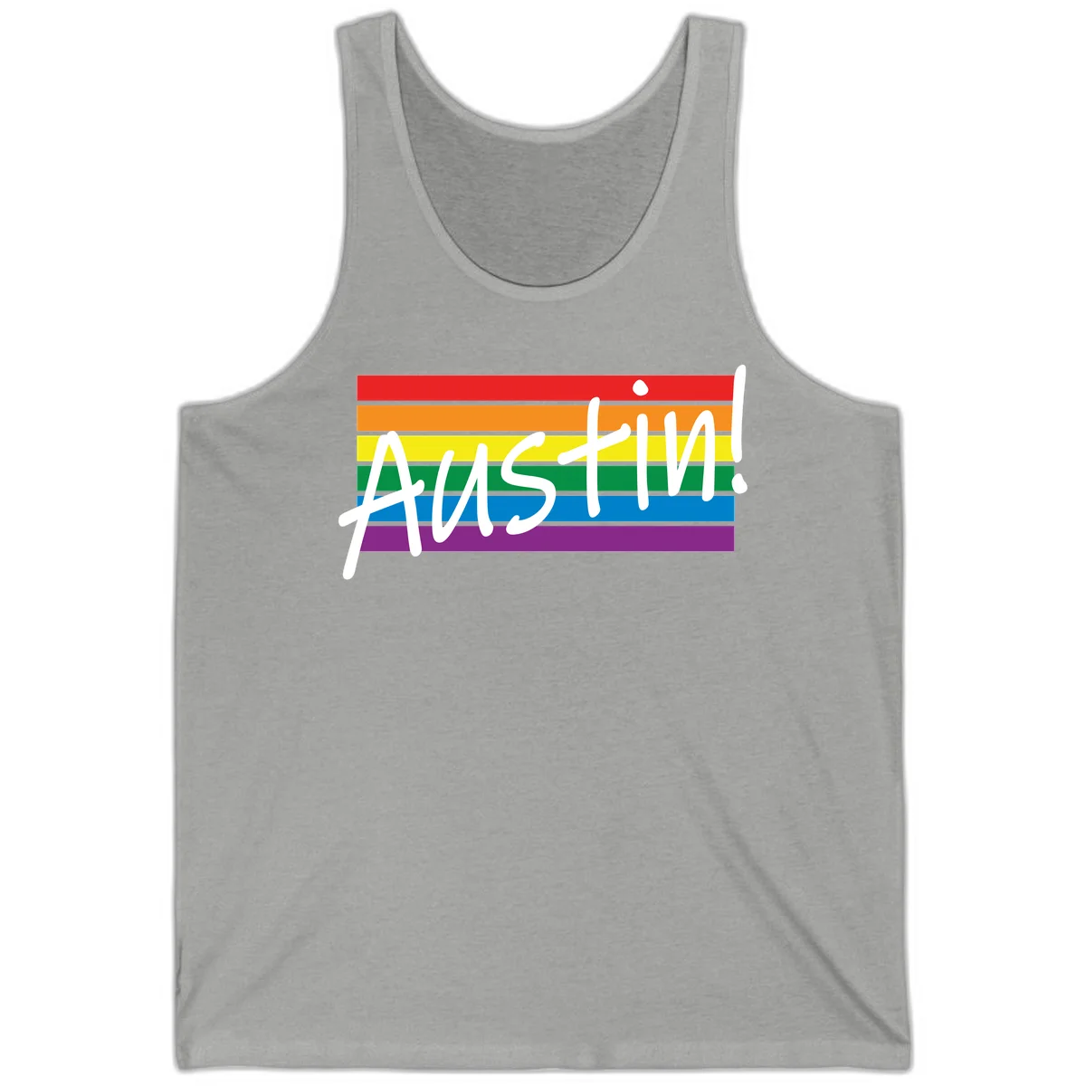 Austin pride rainbow flag design with white handwritten text overlaid on six horizontal rainbow stripes in Athletic Heather