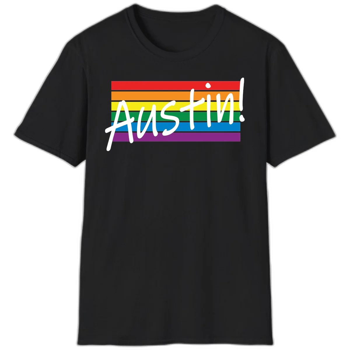 Austin pride rainbow flag design with white handwritten text overlaid on six horizontal rainbow stripes in Black