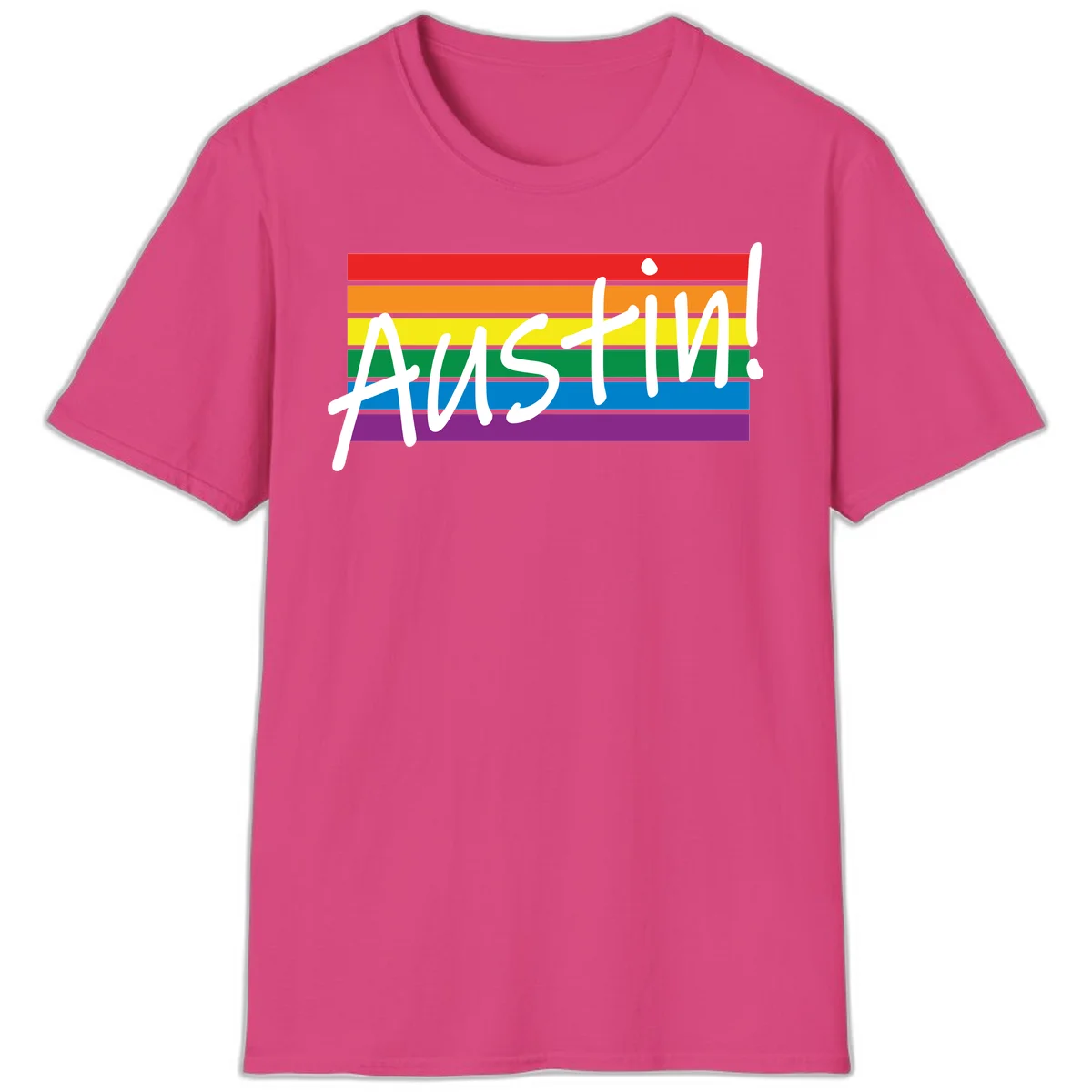 Austin pride rainbow flag design with white handwritten text overlaid on six horizontal rainbow stripes in Heliconia