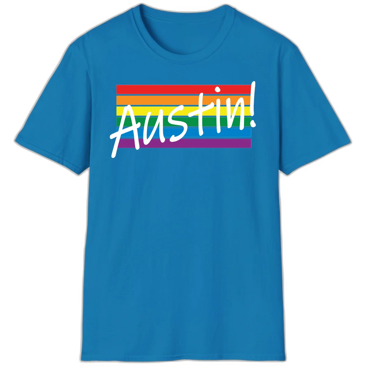 Austin pride rainbow flag design with white handwritten text overlaid on six horizontal rainbow stripes in Sapphire