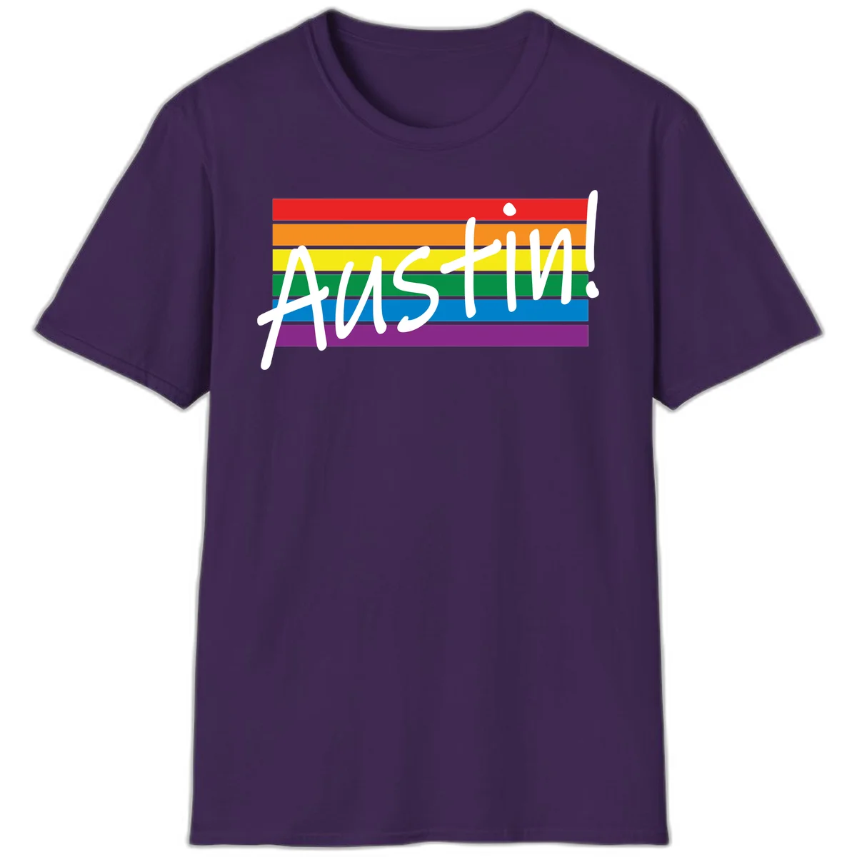 Austin pride rainbow flag design with white handwritten text overlaid on six horizontal rainbow stripes in Purple