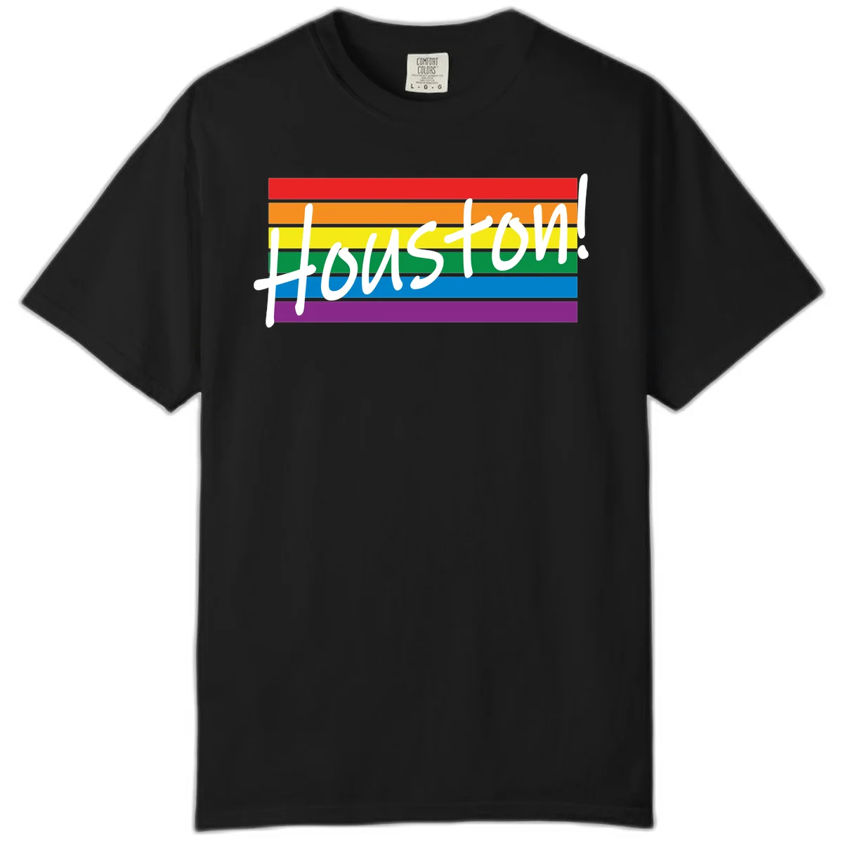 Houston pride celebration design with white handwritten text on rainbow flag stripes in red, orange, yellow, green, blue, and purple in Black