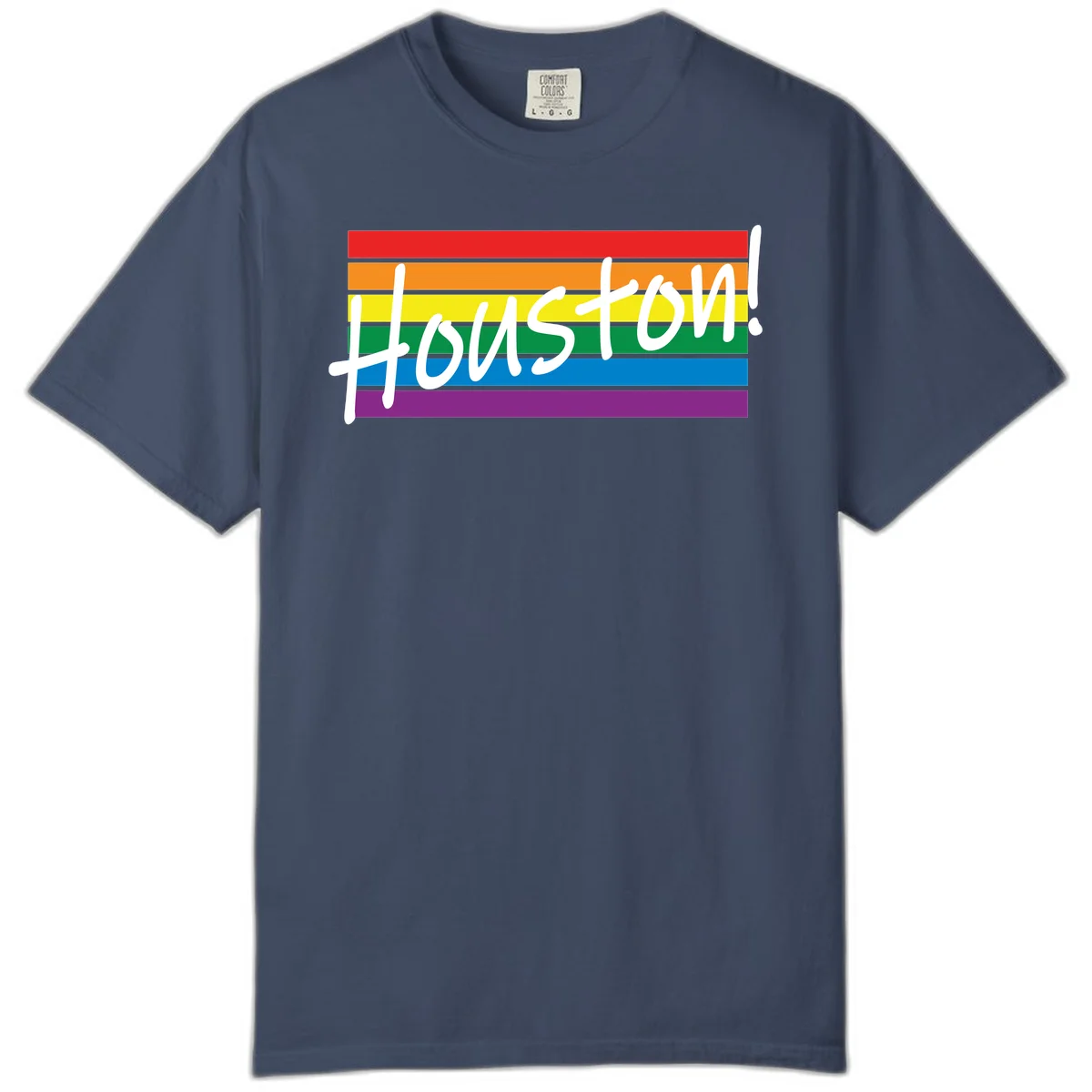 Houston pride celebration design with white handwritten text on rainbow flag stripes in red, orange, yellow, green, blue, and purple in Midnight