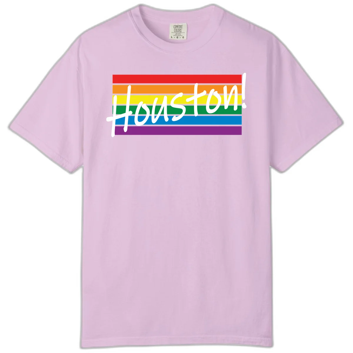 Houston pride celebration design with white handwritten text on rainbow flag stripes in red, orange, yellow, green, blue, and purple in Orchid