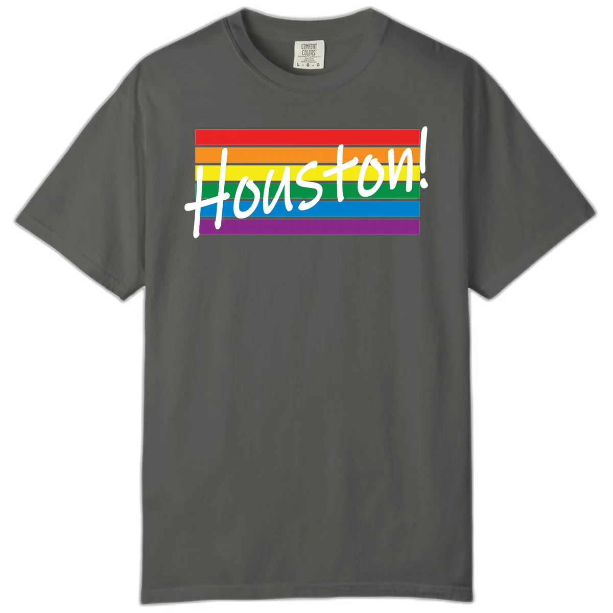 Houston pride celebration design with white handwritten text on rainbow flag stripes in red, orange, yellow, green, blue, and purple in Pepper