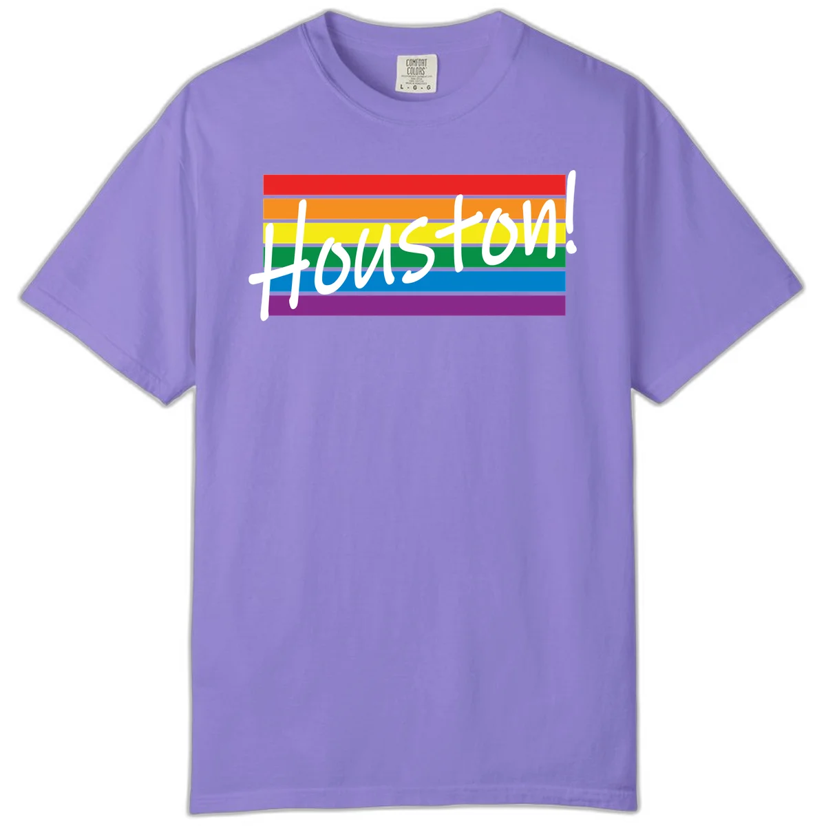 Houston pride celebration design with white handwritten text on rainbow flag stripes in red, orange, yellow, green, blue, and purple in Violet