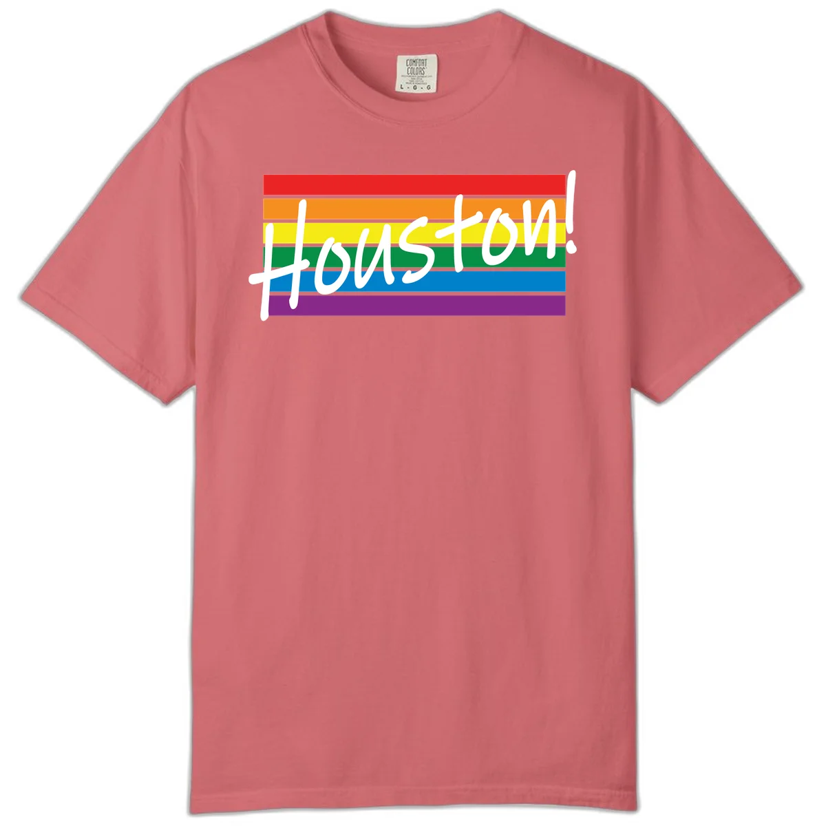 Houston pride celebration design with white handwritten text on rainbow flag stripes in red, orange, yellow, green, blue, and purple in Watermelon