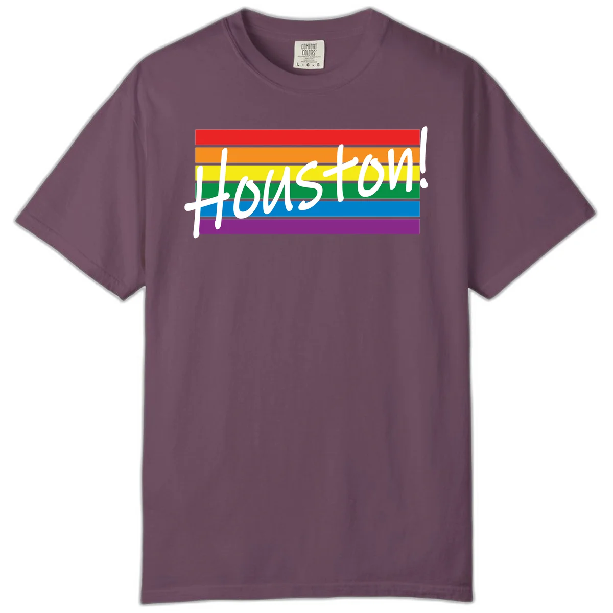 Houston pride celebration design with white handwritten text on rainbow flag stripes in red, orange, yellow, green, blue, and purple in Berry