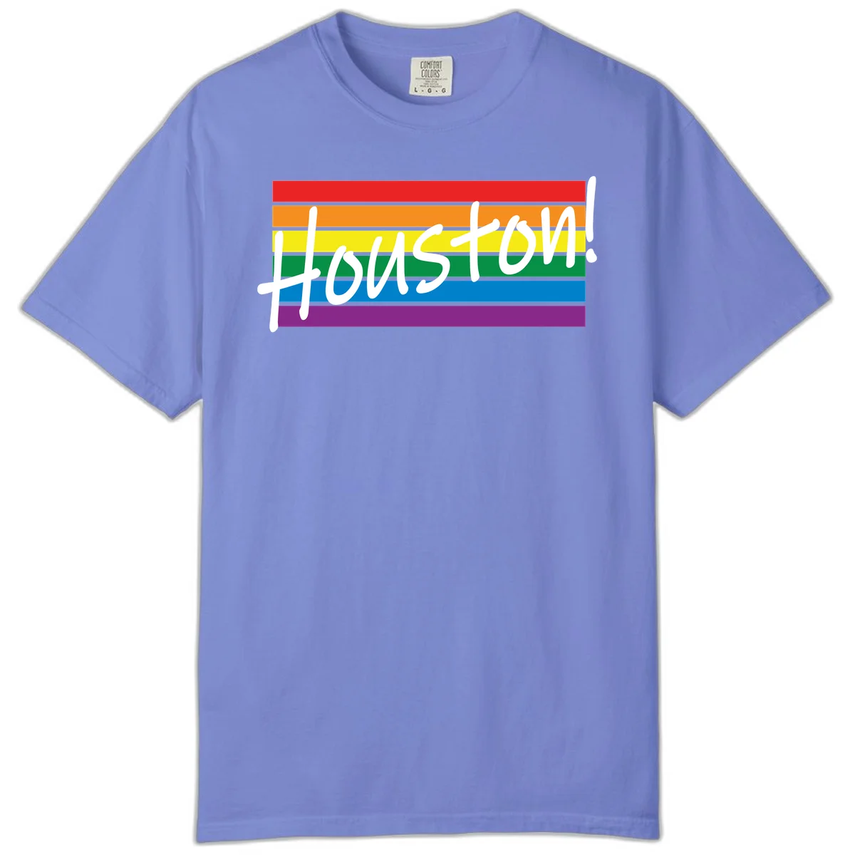 Houston pride celebration design with white handwritten text on rainbow flag stripes in red, orange, yellow, green, blue, and purple in Flo Blue