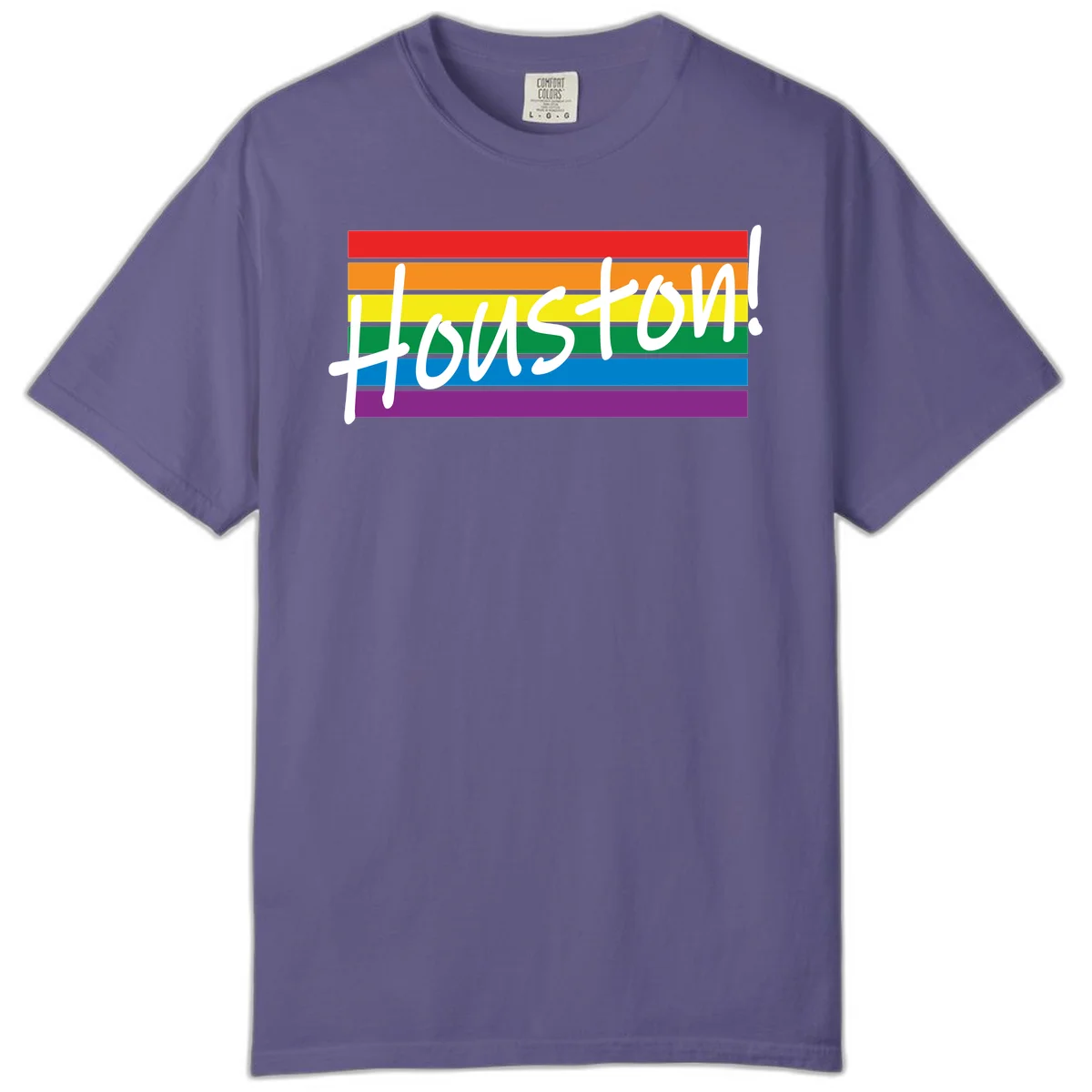 Houston pride celebration design with white handwritten text on rainbow flag stripes in red, orange, yellow, green, blue, and purple in Grape