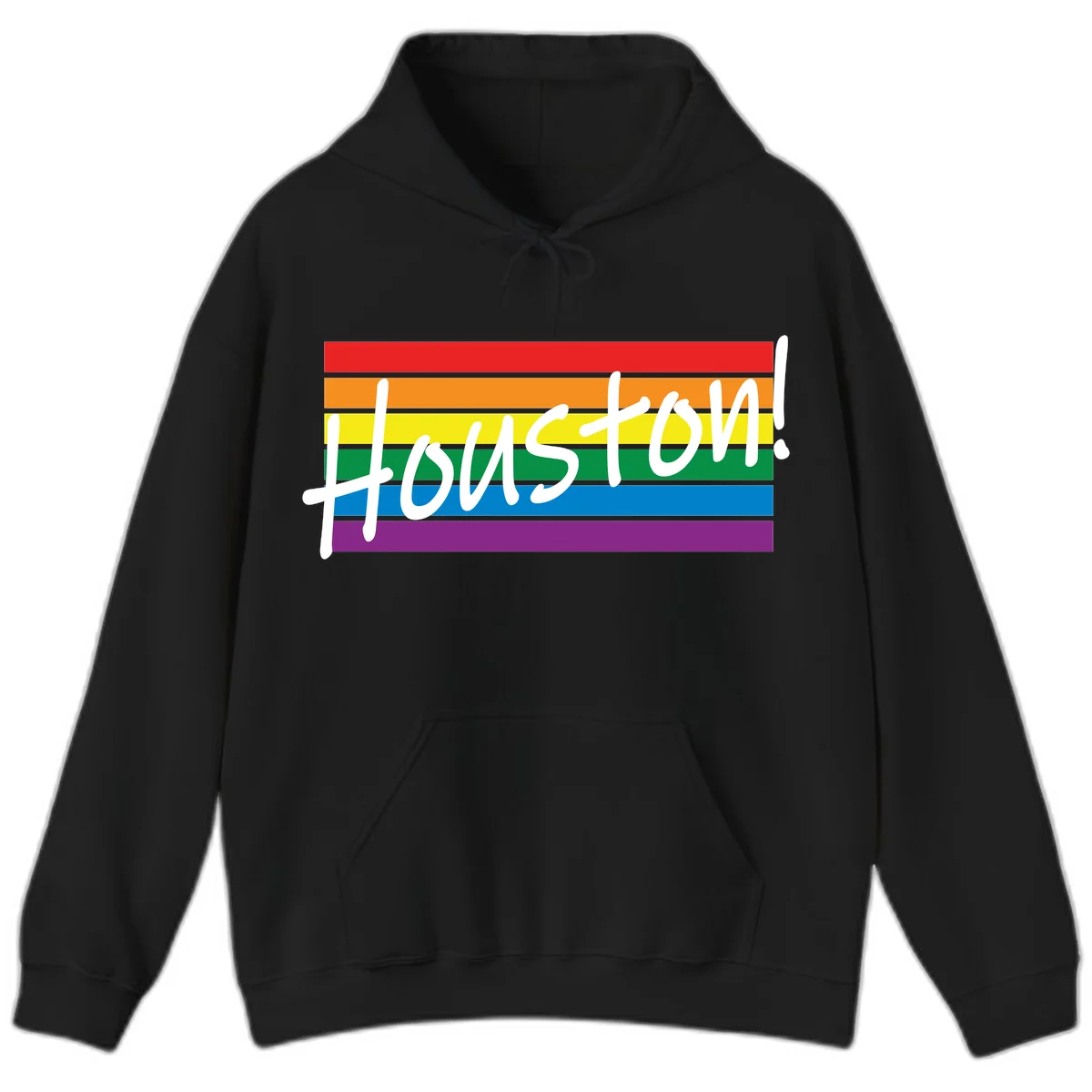 Houston pride celebration design with white handwritten text on rainbow flag stripes in red, orange, yellow, green, blue, and purple in Black