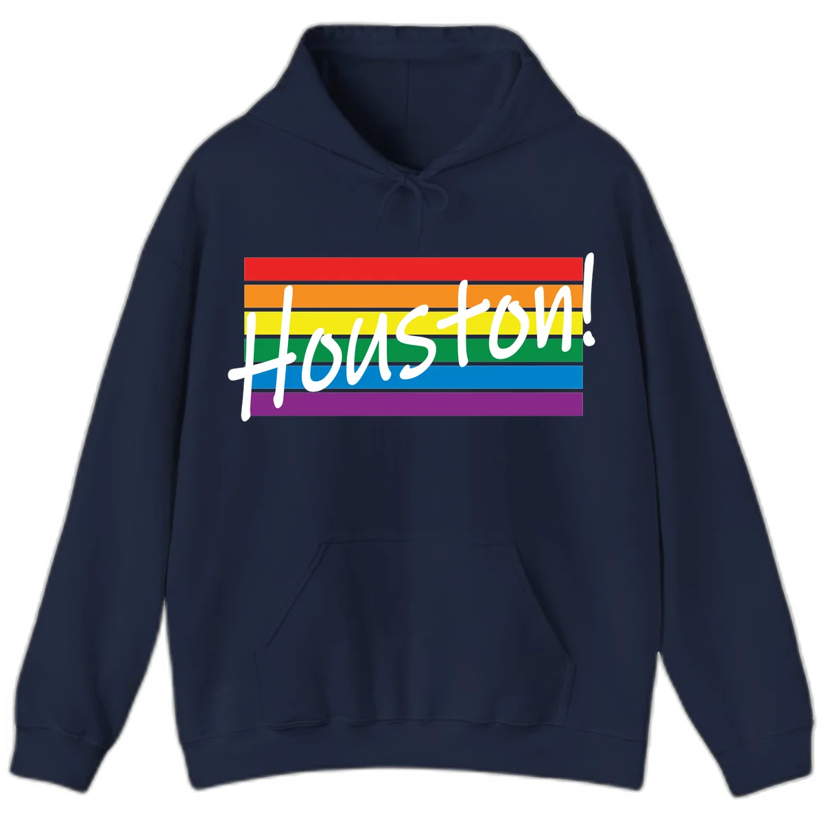 Houston pride celebration design with white handwritten text on rainbow flag stripes in red, orange, yellow, green, blue, and purple in Navy