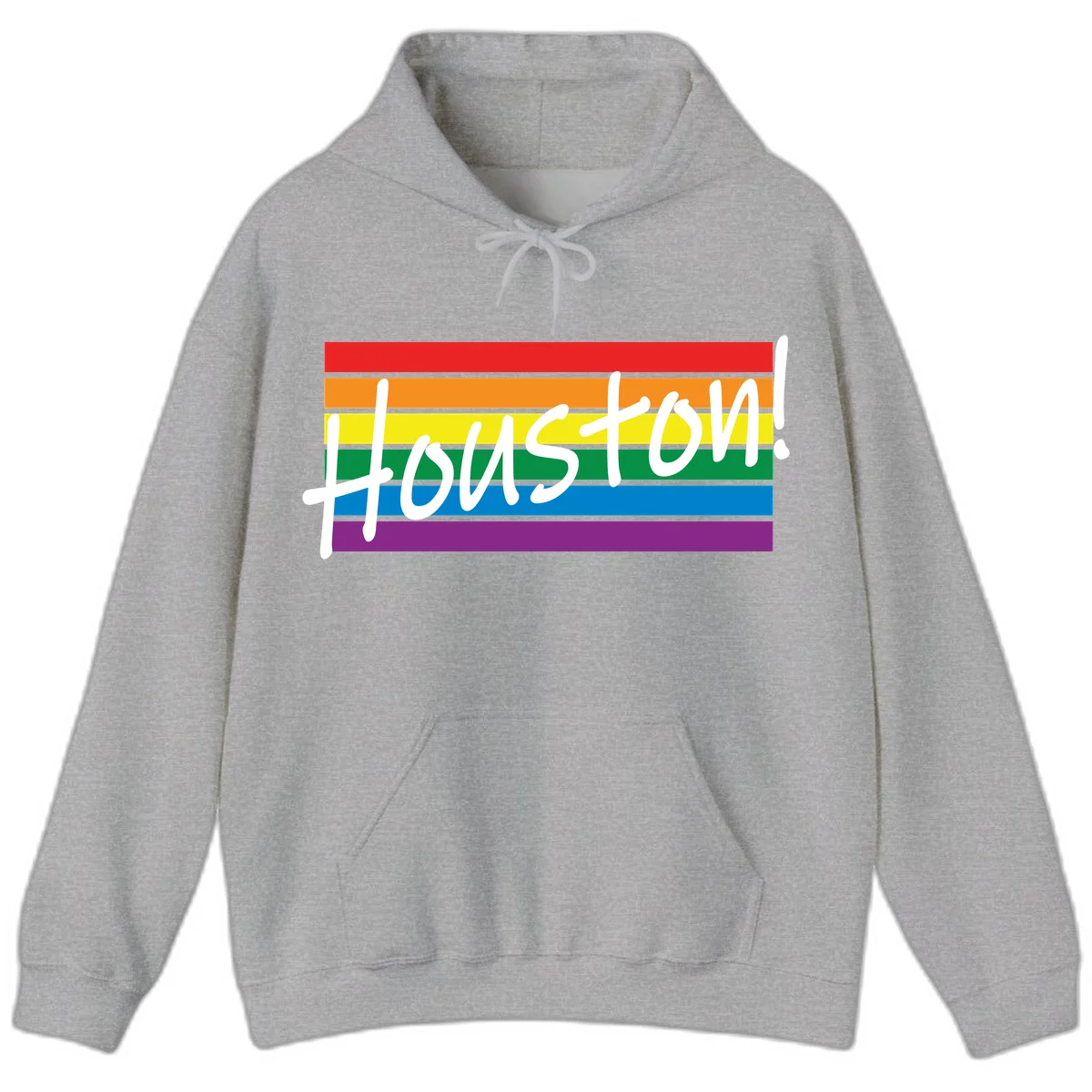 Houston pride celebration design with white handwritten text on rainbow flag stripes in red, orange, yellow, green, blue, and purple in Sport Grey