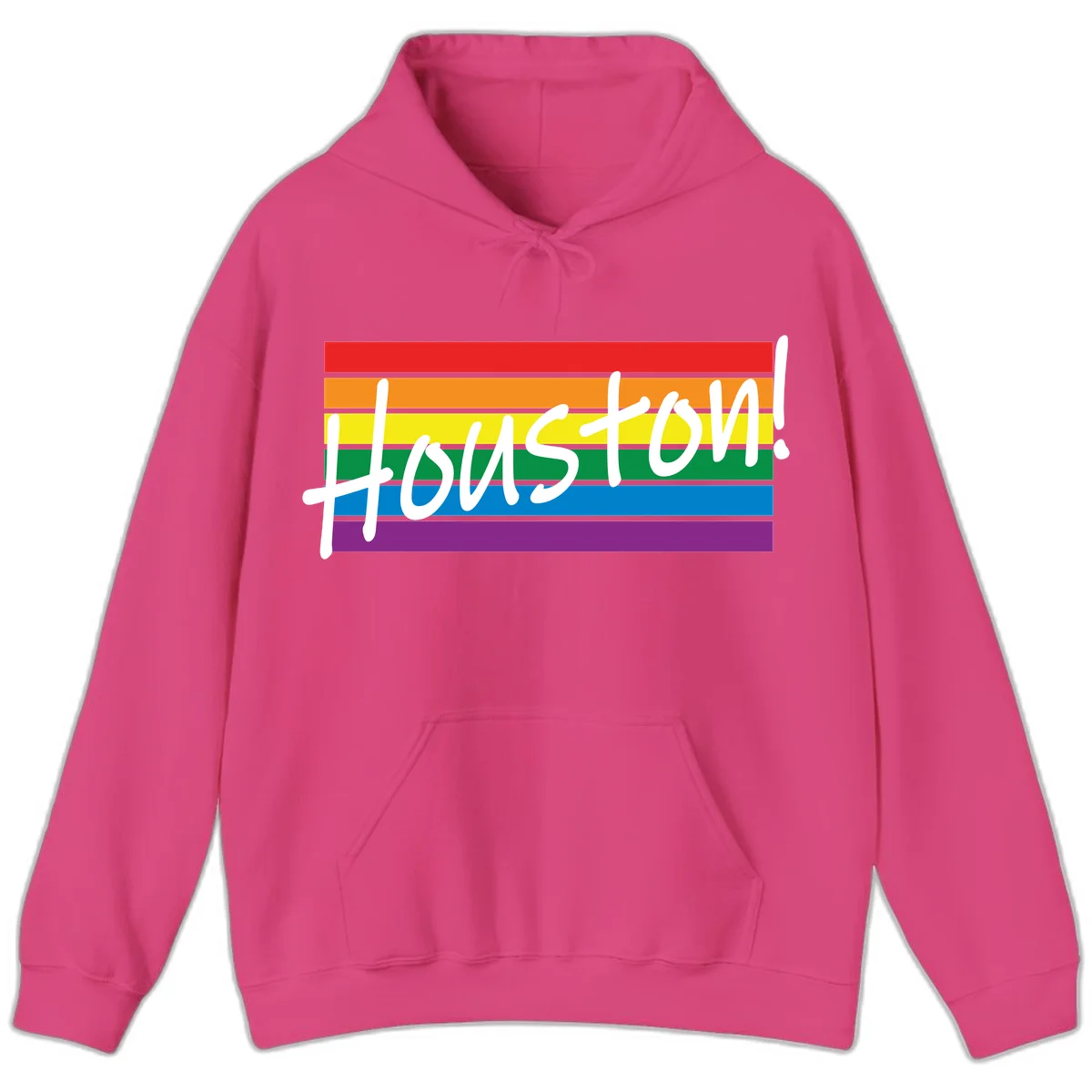 Houston pride celebration design with white handwritten text on rainbow flag stripes in red, orange, yellow, green, blue, and purple in Heliconia