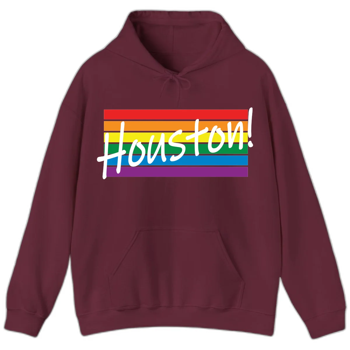 Houston pride celebration design with white handwritten text on rainbow flag stripes in red, orange, yellow, green, blue, and purple in Maroon