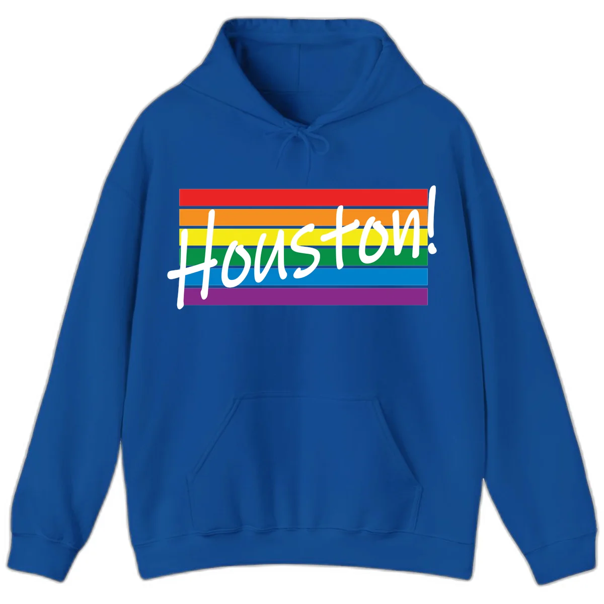 Houston pride celebration design with white handwritten text on rainbow flag stripes in red, orange, yellow, green, blue, and purple in Royal