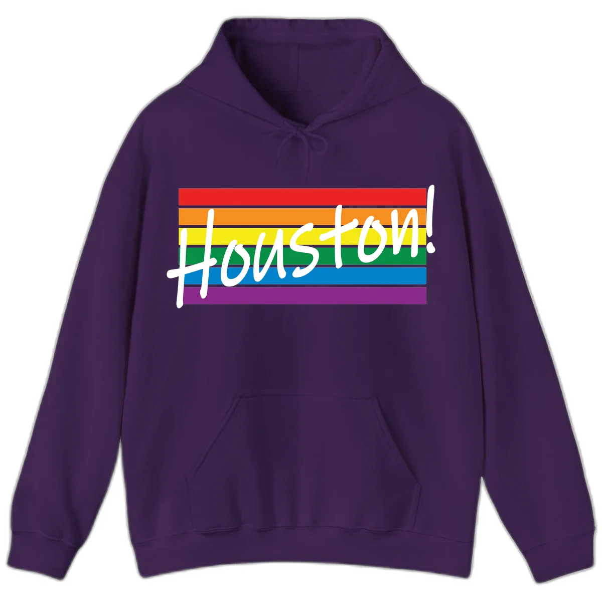 Houston pride celebration design with white handwritten text on rainbow flag stripes in red, orange, yellow, green, blue, and purple in Purple