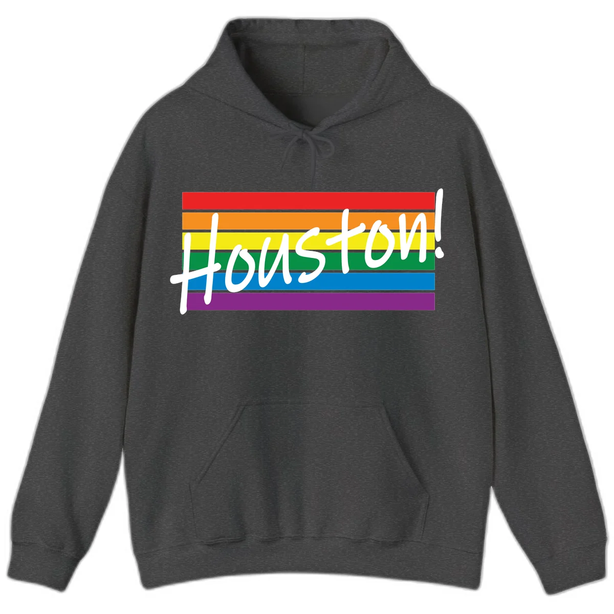Houston pride celebration design with white handwritten text on rainbow flag stripes in red, orange, yellow, green, blue, and purple in Dark Heather